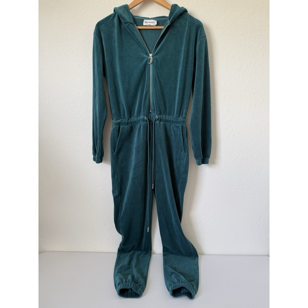 Juicy Couture Y2K Jumpsuit‎ Women's XS Velour Teal Hooded Track Soft Feel